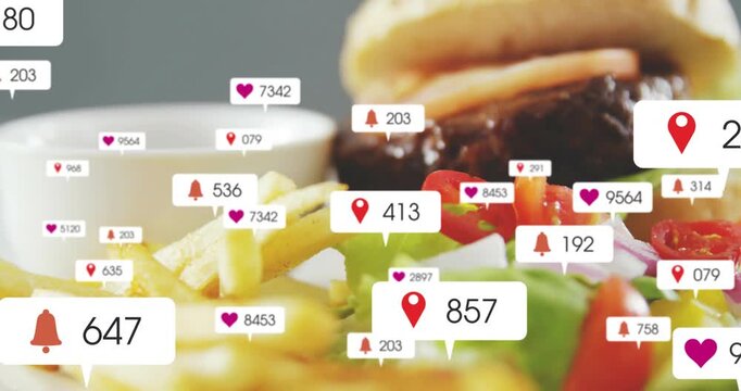 Multiplying badges spawning from 524 over studio plate, showing likes for sesame burger and fries