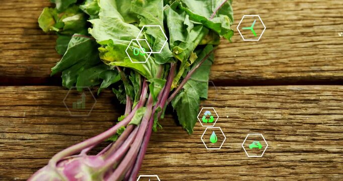 Bunch of leafy greens resting on wood tabletop, camera shifting, hex icons pulsing for food ads