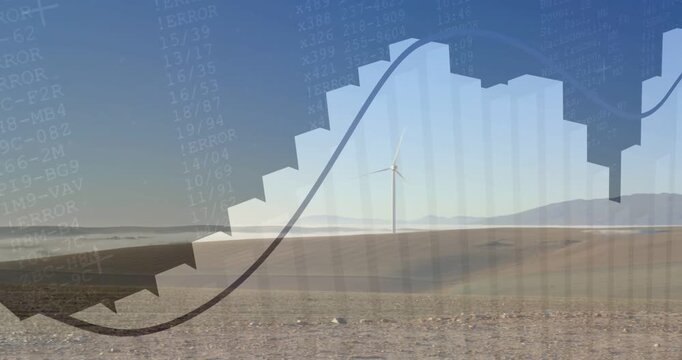 Translucent data overlay appearing from right, arrow sweeping and curve rising, showing wind output