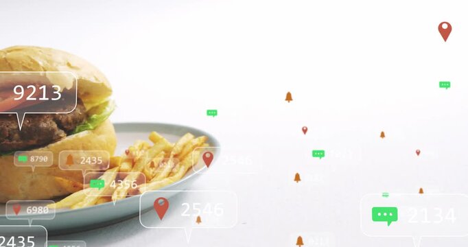Vertical video: Camera panning, plate centering with icons grouping around, fading, promoting food