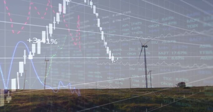 Vertical video: Second frame showing finance overlay animating chart over turbine showing trends