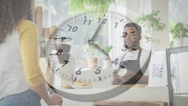 Barista handing cup as customer presenting card and paying at cafe while animated clock shifting