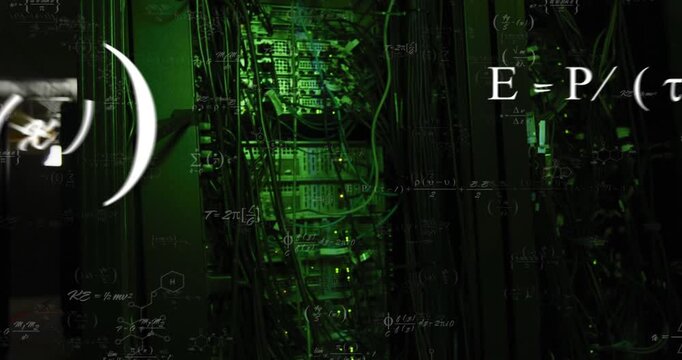 Math formulas fading in, expanding over center rack as camera shifts, cables blinking, showing data