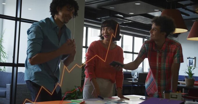 Vertical video: Reacting to graph overlay, three colleagues sorting papers at office, showing phone