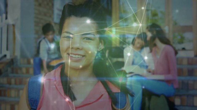 Vertical video: Moving camera showing student smiling for ad on school steps, in pink node overlay