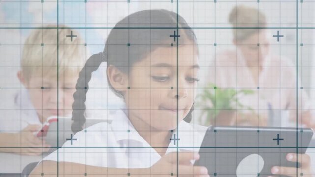 Girl tapping tablet and initiating interactive classroom lesson, faint grid overlay guiding input