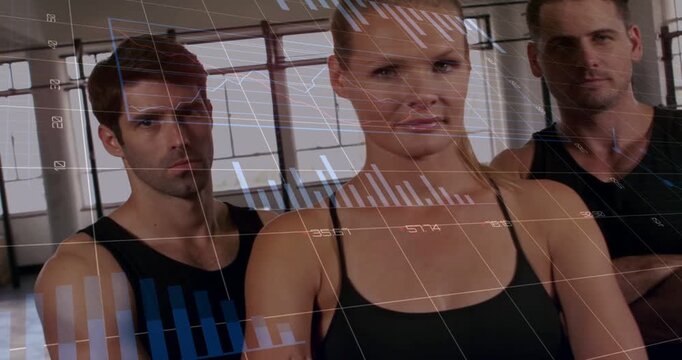 Vertical video: Camera zooming, three models in black tanks posing in gym for promo, HUD animating