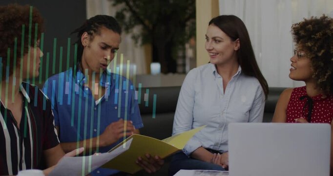 Vertical video: Man in blue flipping folder and causing vertical bar graphic for business meeting