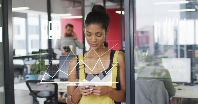 Woman leaning on glass, using phone and activating animated charts and gear for business analytics