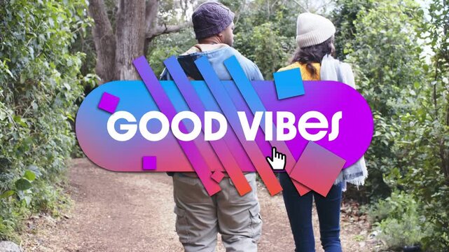 Vertical video: Couple walking path, cursor clicking GOOD VIBES badge, expanding logo for marketing
