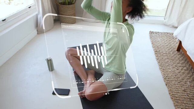 Woman tapping smartphone to start meditation, placing headphones and audio overlay appearing on mat