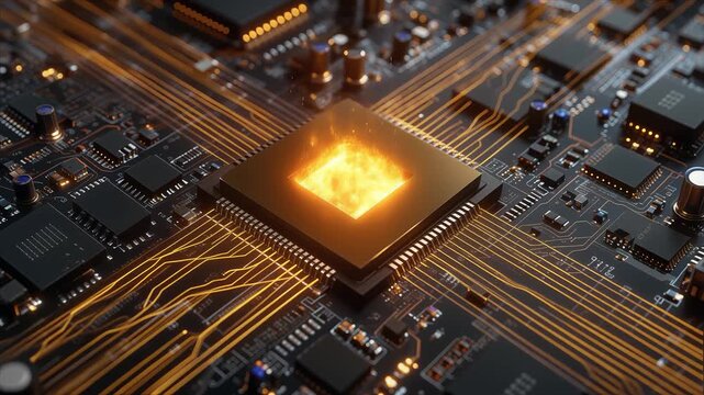 Motherboard Processor Chipset with Glowing Neural Data Transfer. Future AI Technology. Powerful Quantum CPU Artificial Intelligence.