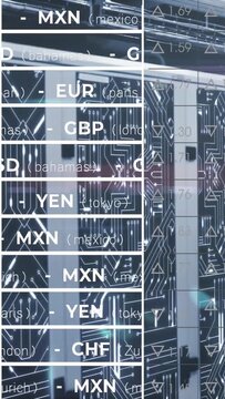 Vertical video: Ticker scrolling as live feed updating market rates, revealing glass, blurred staff