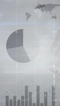 Vertical video: Booting data UI animating over fog site showing pie bar charts, map tracking power