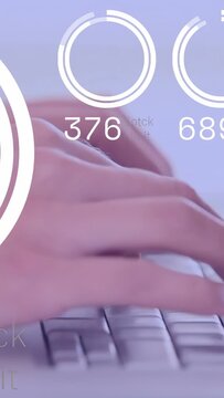 Hands starting typing on keys and initiating HUD rings with numeric updates for finance monitoring