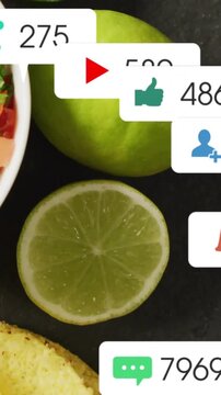 Vertical video: Alerts sliding from right, stacking over lime, updating counts, driving food ads