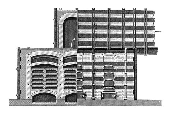 Production of Sulfuric Acid. Multi-hearth furnace. Cross-Section and Exterior View, historical industrial furnace with complex internal structures, old vintage illustration, 1897
