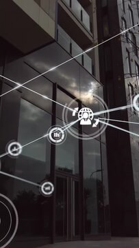 Vertical video: HUD appearing at door mapping glass building nodes spawning and AR tech projecting
