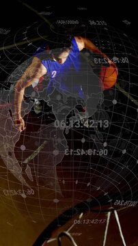 Vertical video: Basketball player dribbling to drive and dunking to score, data globe over court