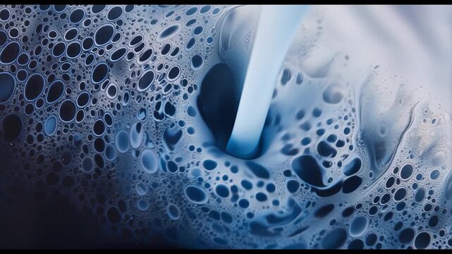 Foam background. Liquid soap bubbles. Soap foam structure over blue water. Macro, close-up. Cleaning, washing, laundry.