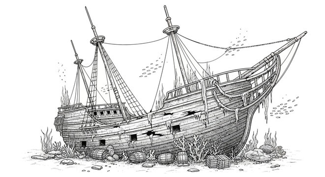 Detailed illustration of an old wooden shipwreck resting on the ocean floor, a sunken ghost ship concept in black and white.