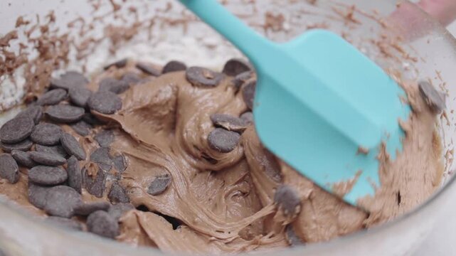 Extreme close up of chocolate chip cookie dough being mixed highlighting rich texture and melted chocolate pieces