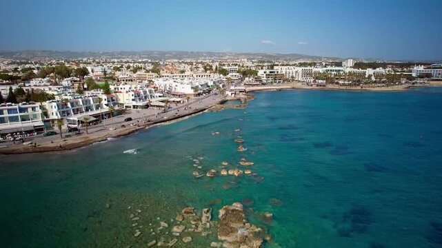 Beautiful aerial view of the paphos city seafront with hotels and resorts in cyprus