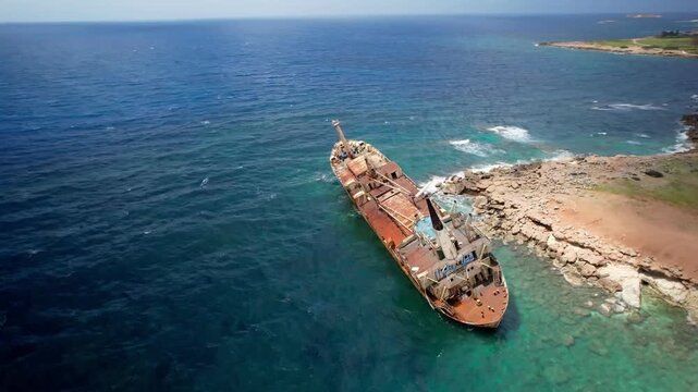 Aerial view of the edro iii, a large cargo ship shipwrecked and rusting on the rocky coast