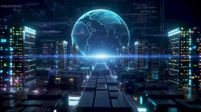 Digital world map earth animation. 3D abstract cyber city. Internet, data technology ,worldwide network, technology, big data, AI concept