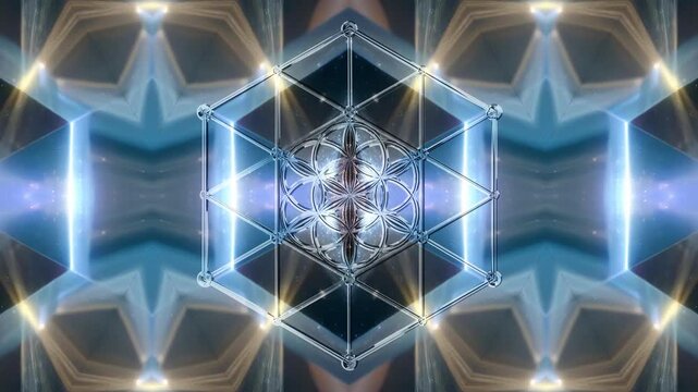 Seamless 4K60 loop. 3D glass Seed of Life lattice over a cosmic, high-tech kaleidoscope background with glowing blue flares and warm gold. Ideal for vertical or horizontal VJ sets and events.