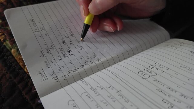 Elderly hands carefully guide a pen across a notebook, detailing a complex crochet pattern. Precise loops and handwritten notes fill the pages in a quiet, creative moment of focused craft.