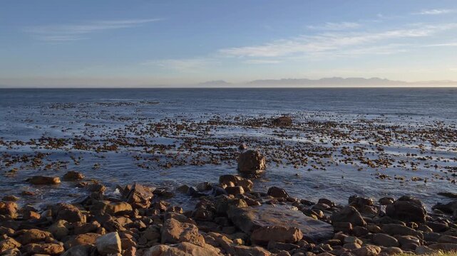 Bank cormorants fly over a kelpy sea, with an expansive view of a rugged shoreline of weathered rocks meeting distant, hazy mountains under a bright blue sky with wispy clouds in the Cape Peninsula.
