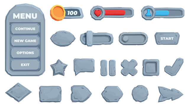 Stone ui elements. Game menu design, panel buttons and life, money, power indicators. Start, pause, finish, cartoon stoned slider, sapid vector clipart