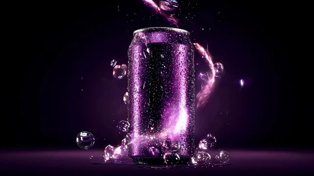 Purple aluminum can with dynamic liquid splashes and bubbles. Refreshing beverage product visualization. Modern drink packaging design template for refreshment.