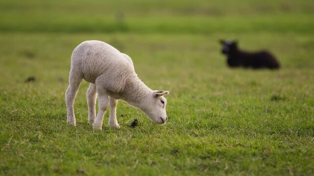 Young lamb grazing on fresh green grass in a rural pasture with black sheep resting in the background