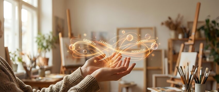 Hands holding glowing digital infinity symbol in bright artist studio workspace with creative tools and plants representing endless possibilities and innovation.