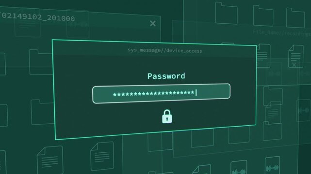 Close up on computer screen system requesting user password typing correct answer and access is granted. Hacker breaking into government agency server. Person ingesting password into secured laptop
