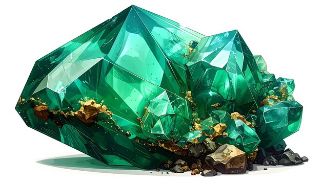 A vibrant gemstone cluster, with multifaceted emerald crystals and flecks of gold. It sits on a white backdrop, gleaming brightly