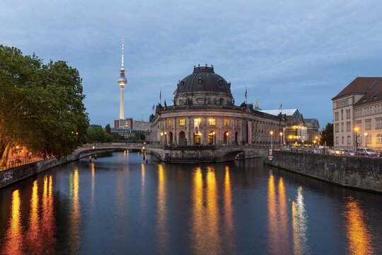 Evening mood, illuminated Bode Museum on the Spree, in the back Berlin television tower Alex, Museum Island, Berlin-Mitte, Berlin, Germany