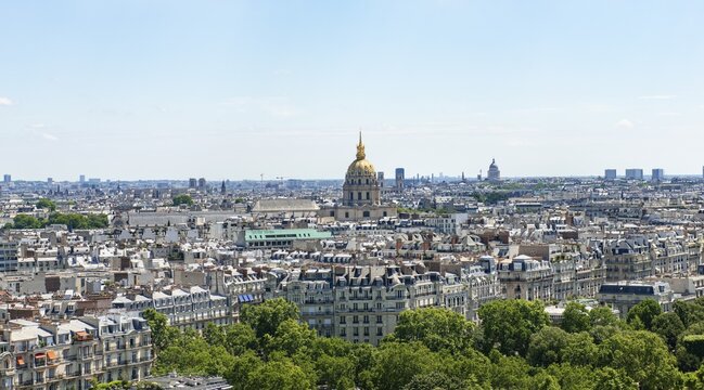 City view, view from the Eiffel Tower to the golden dome of the Chapel of Saint-Louis-des-Invalides, H&ocirc;tel des Invalides, Paris, France