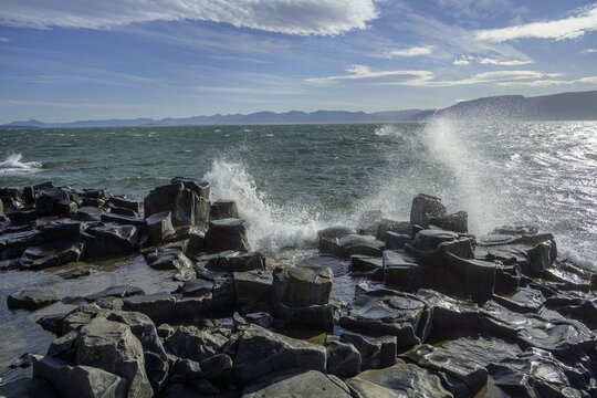 Basalt rocks on the coast according to local mythology an elf city, Hofs&oacute;s, Nor&eth;urland vestra, Iceland