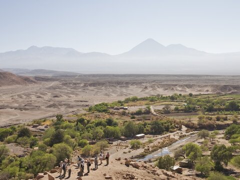 View of the Ayllo with the irrigation farming from the Inca fortress Pukara de Quitor, San Pedro de Atacama, Regi&oacute;n de Antofagasta, Chile, South America