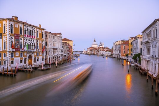 Evening atmosphere, long time exposure, view from the Ponte dell'Accademia to the Grand Canal and the Basilica Santa Maria della Salute, Venice, Veneto, Italy