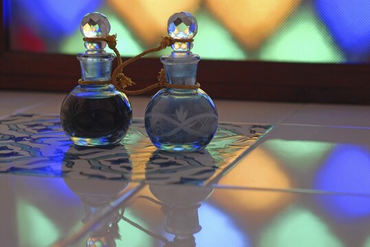 Perfume flacons, Udai Bilas Palace Heritage Hotel, Dungarpur, Rajasthan, India, Asia