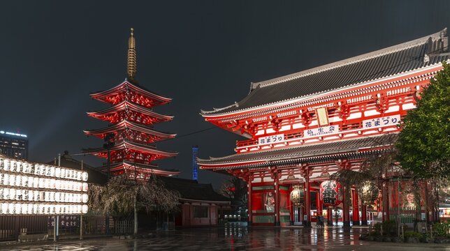 Night photo, Hōzōmon Gate and five-storey pagoda of Sensoji, Buddhist temple complex, Sensō-ji temple or Asakusa shrine, Asakusa, Tokyo, Japan