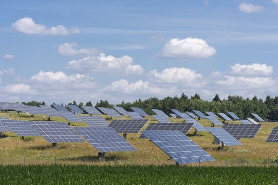 Photovoltaic site, solar modules on a meadow, solar power plant, Altm&uuml;hltal, Bavaria, Germany