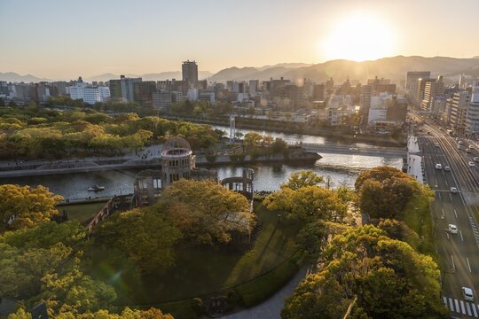 Panoramic view from Hiroshima Orizuru Tower over the city with atomic dome, Atomic Bomb Dome, and Hiroshima Peace Park, Peace Monument, Hiroshima Peace Park, Sunset, Hiroshima, Japan