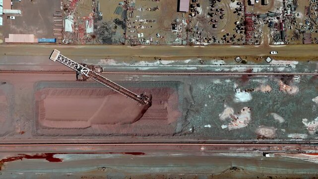 Overhead aerial view of mining conveyor system moving mined ore around