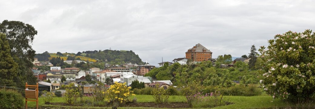 View or the village from the church at Puerto Varas, Region de los Lagos, Chile, South America