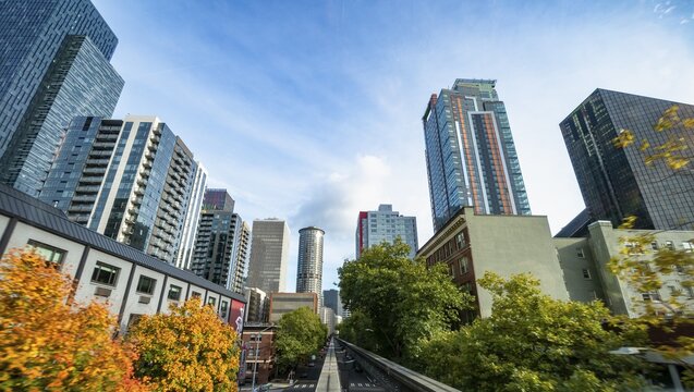 View from the Monorail Railway to skyscrapers and downtown, Seattle Center, Seattle, Washington, USA